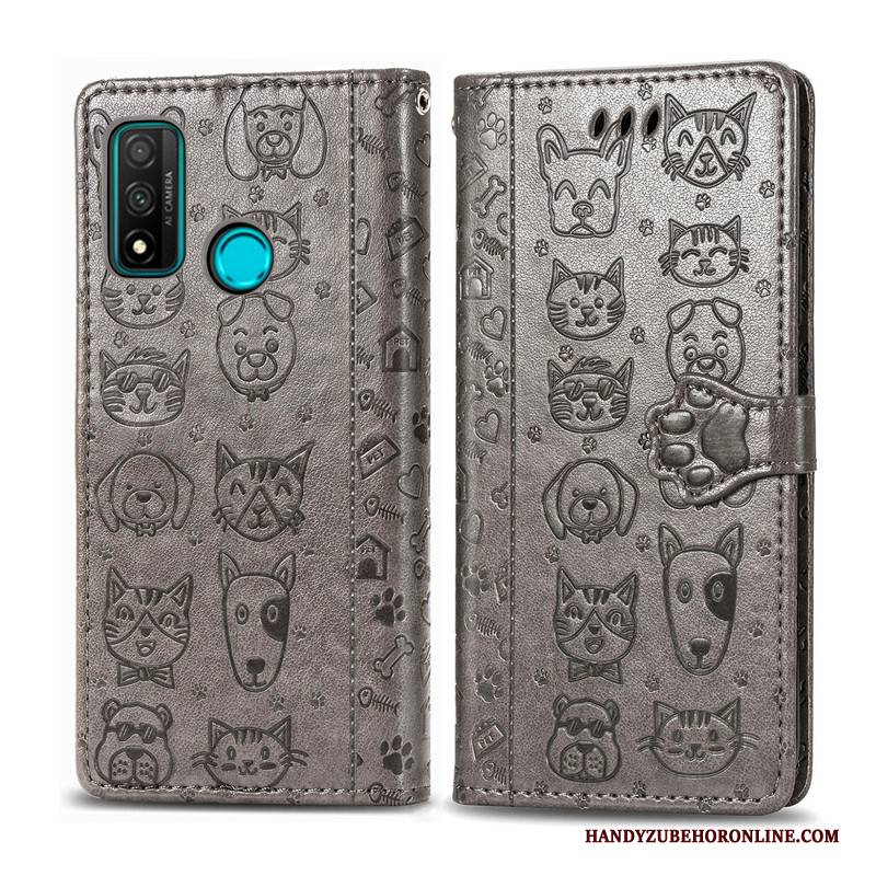 Hülle Huawei P Smart 2020 Leder Handyhüllen Blau, Case Huawei P Smart 2020 Karikatur Hund Prägung