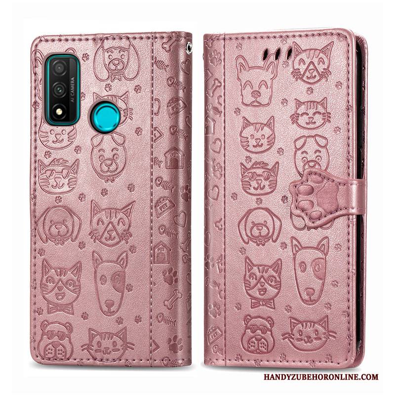 Hülle Huawei P Smart 2020 Leder Handyhüllen Blau, Case Huawei P Smart 2020 Karikatur Hund Prägung