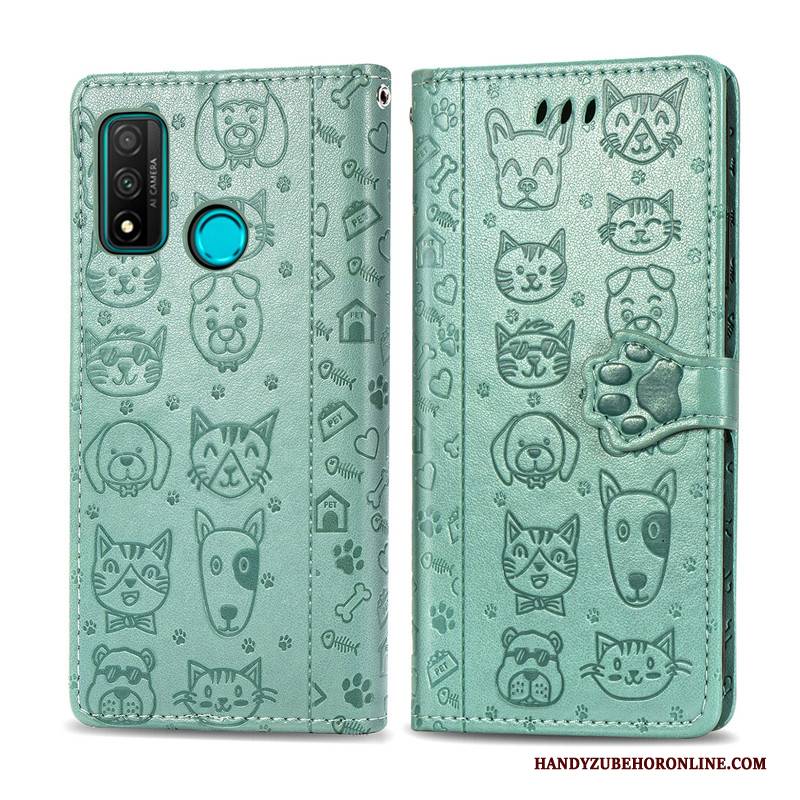 Hülle Huawei P Smart 2020 Leder Handyhüllen Blau, Case Huawei P Smart 2020 Karikatur Hund Prägung