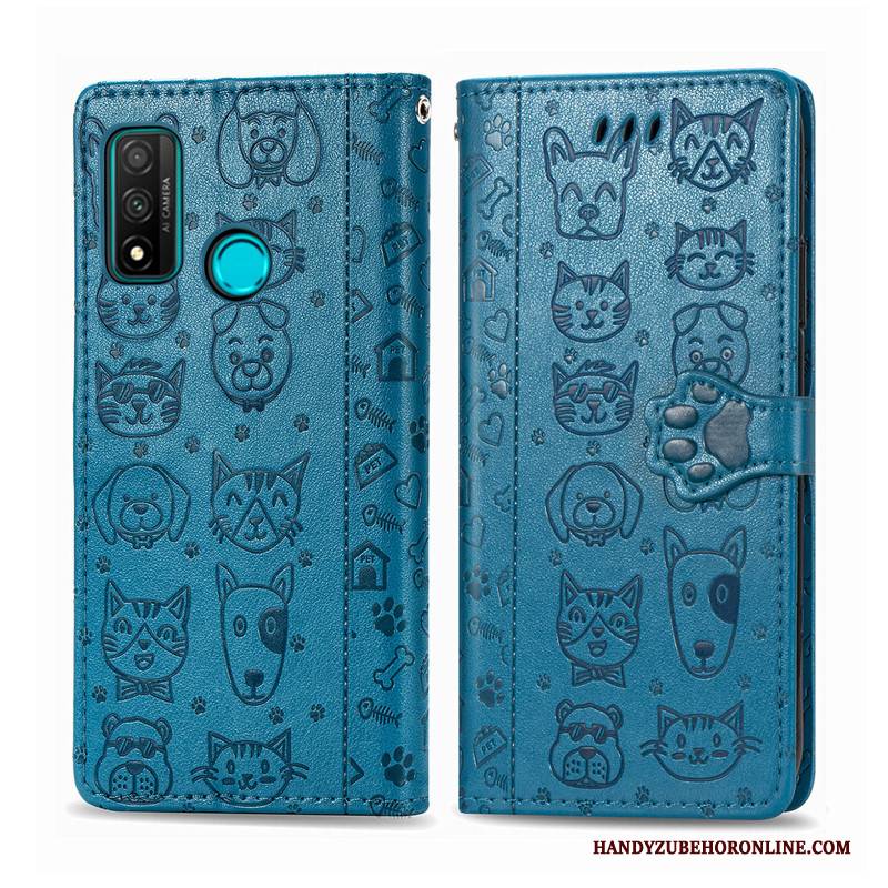 Hülle Huawei P Smart 2020 Leder Handyhüllen Blau, Case Huawei P Smart 2020 Karikatur Hund Prägung