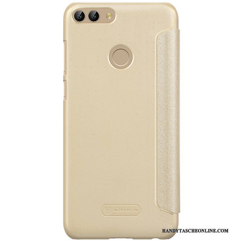 Hülle Huawei P Smart Schutz Dunkel Gold, Case Huawei P Smart Lederhülle Handyhüllen Grau