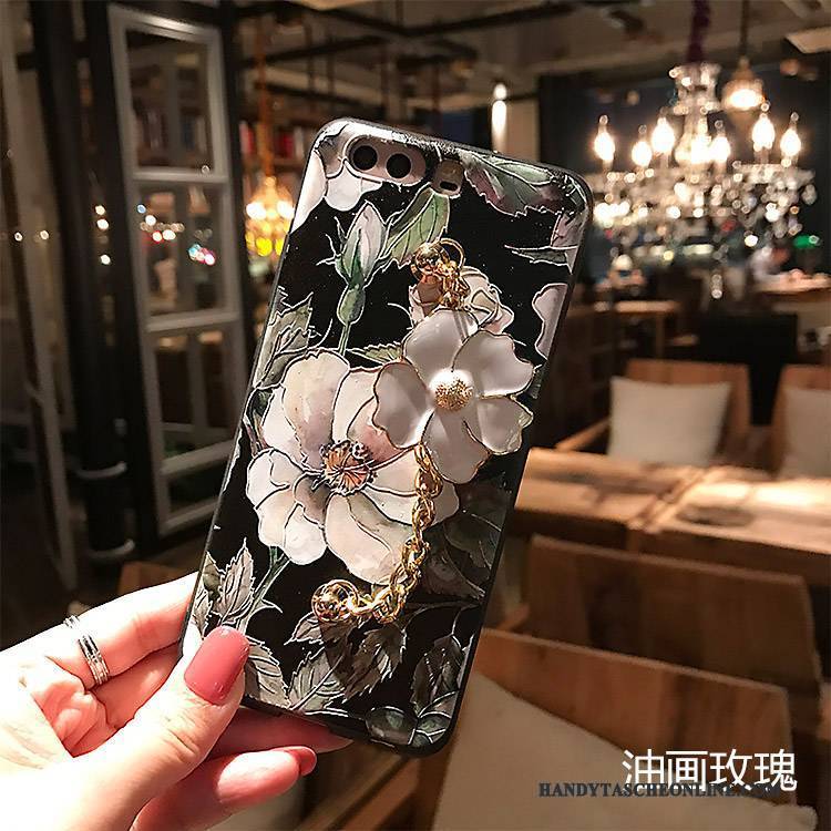 Hülle Huawei P10 Prägung Schwarz Nubuck, Case Huawei P10 Farbe Blumen Handyhüllen