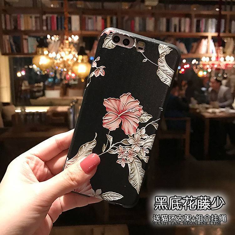 Hülle Huawei P10 Silikon Handyhüllen Mini, Case Huawei P10 Blumen Schwarz Nubuck