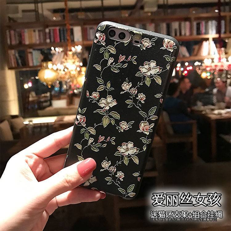 Hülle Huawei P10 Silikon Handyhüllen Mini, Case Huawei P10 Blumen Schwarz Nubuck