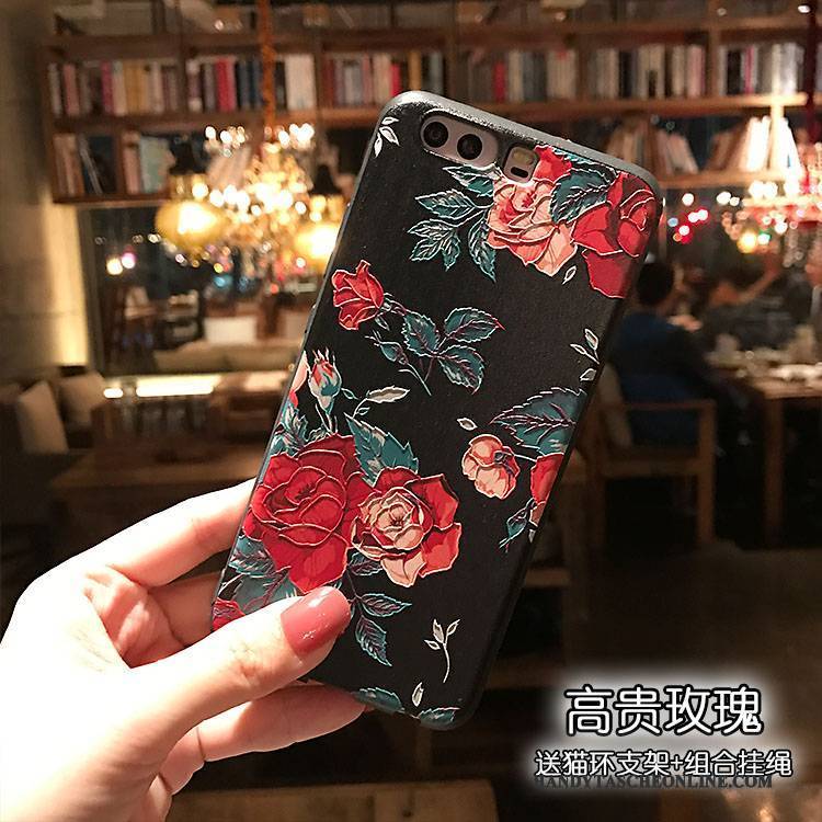 Hülle Huawei P10 Silikon Handyhüllen Mini, Case Huawei P10 Blumen Schwarz Nubuck