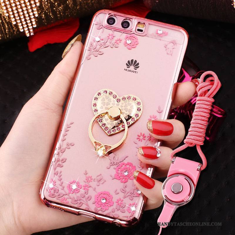 Hülle Huawei P10 Strass Handyhüllen Ring, Case Huawei P10 Silikon Rosa Hängender Hals