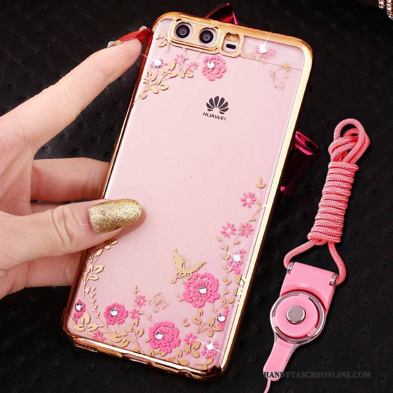 Hülle Huawei P10 Strass Handyhüllen Ring, Case Huawei P10 Silikon Rosa Hängender Hals