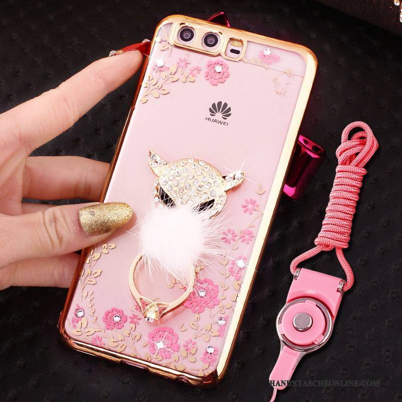 Hülle Huawei P10 Strass Handyhüllen Ring, Case Huawei P10 Silikon Rosa Hängender Hals