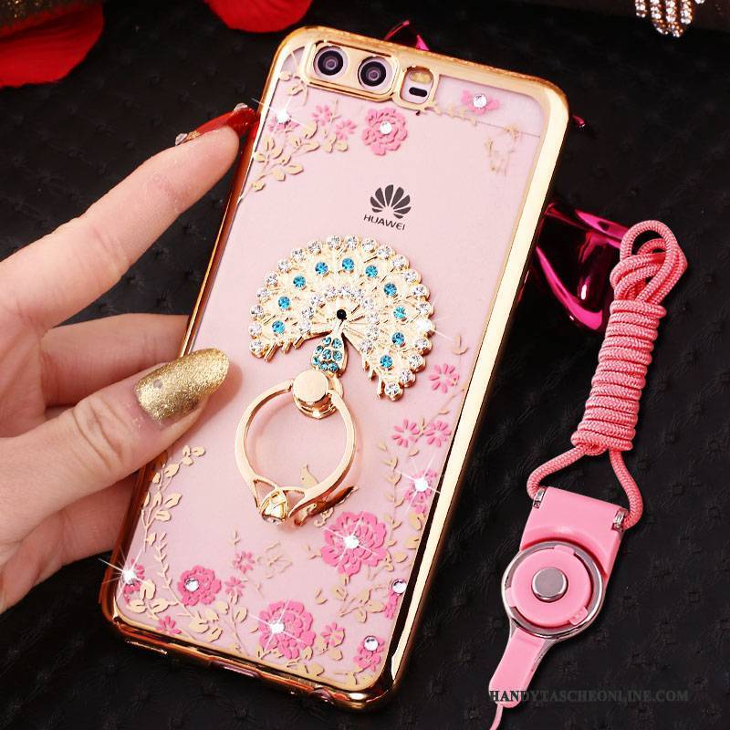 Hülle Huawei P10 Strass Handyhüllen Ring, Case Huawei P10 Silikon Rosa Hängender Hals