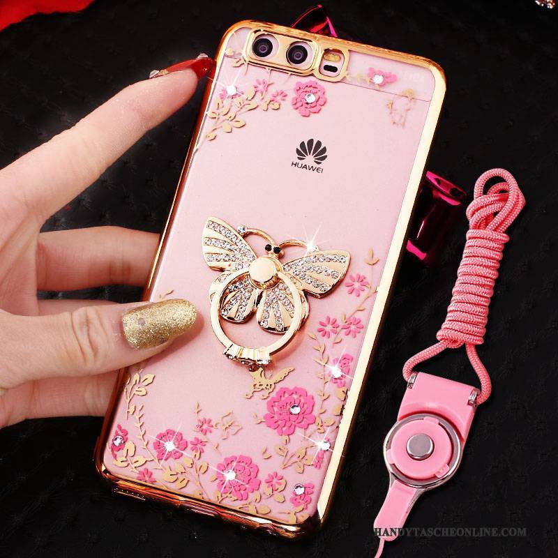 Hülle Huawei P10 Strass Handyhüllen Ring, Case Huawei P10 Silikon Rosa Hängender Hals