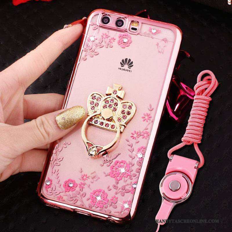 Hülle Huawei P10 Strass Handyhüllen Ring, Case Huawei P10 Silikon Rosa Hängender Hals