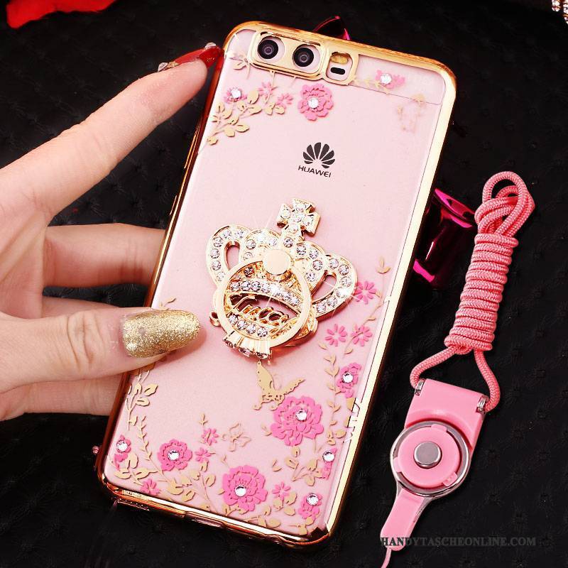 Hülle Huawei P10 Strass Handyhüllen Ring, Case Huawei P10 Silikon Rosa Hängender Hals