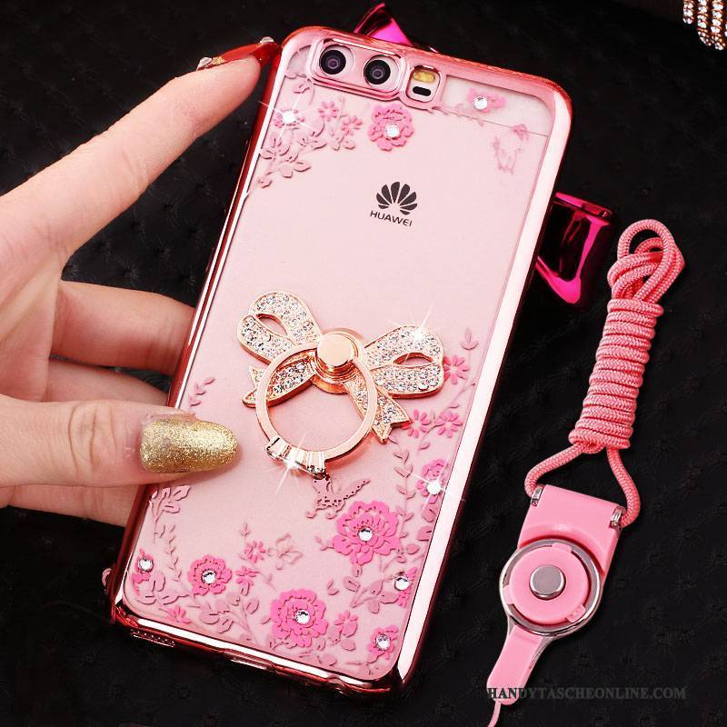 Hülle Huawei P10 Strass Handyhüllen Ring, Case Huawei P10 Silikon Rosa Hängender Hals