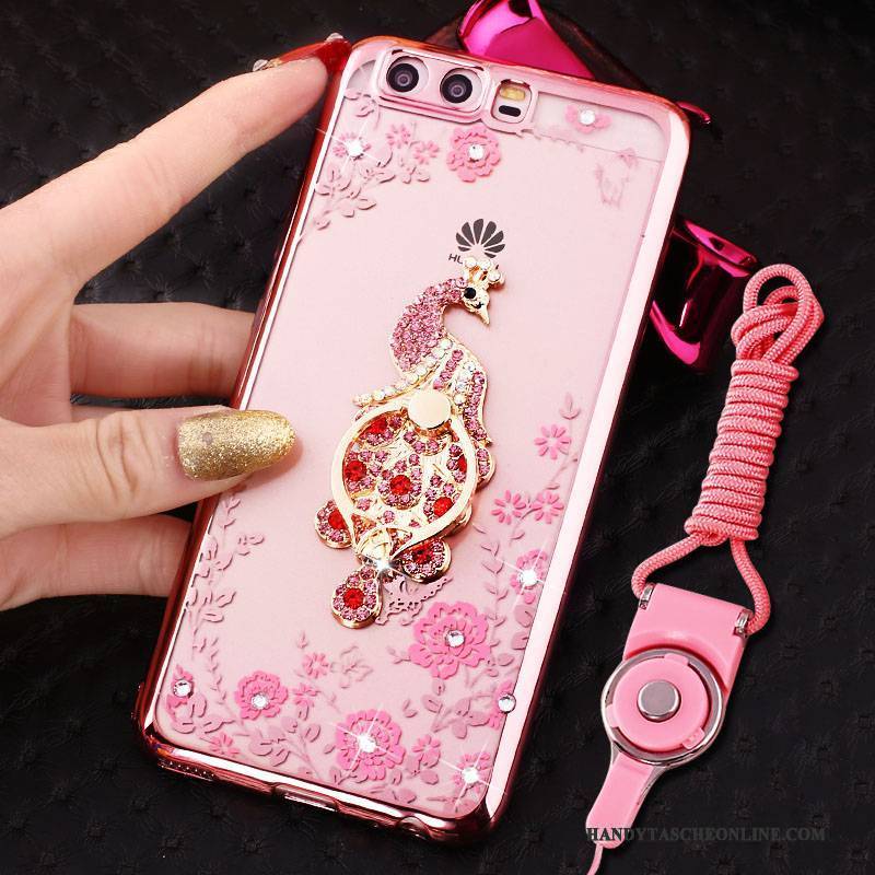 Hülle Huawei P10 Strass Handyhüllen Ring, Case Huawei P10 Silikon Rosa Hängender Hals