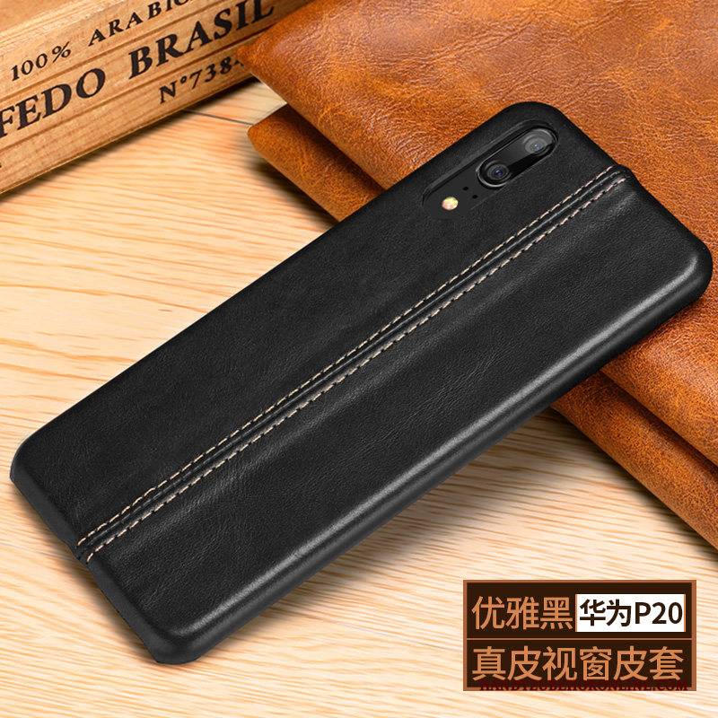 Hülle Huawei P20 Lederhülle Handyhüllen Kuh, Case Huawei P20 Leder Nubuck Schwarz