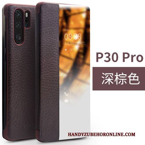 Hülle Huawei P30 Pro Leder Rot Kuh, Case Huawei P30 Pro Folio Fenster Öffnen Handyhüllen