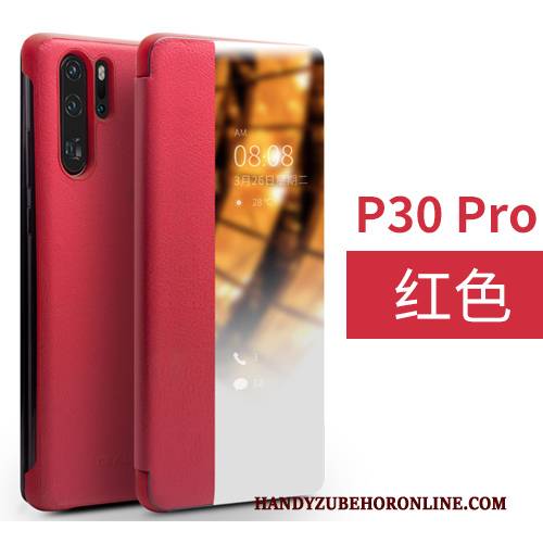 Hülle Huawei P30 Pro Leder Rot Kuh, Case Huawei P30 Pro Folio Fenster Öffnen Handyhüllen