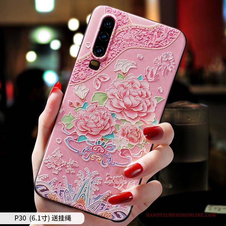 Hülle Huawei P30 Schutz Rosa Chinesische Art, Case Huawei P30 Silikon Hängende Verzierungen Anti-sturz