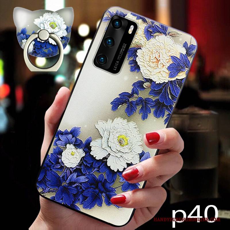 Hülle Huawei P40 Weiche Hängende Verzierungen Anti-sturz, Case Huawei P40 Silikon Blau Blumen