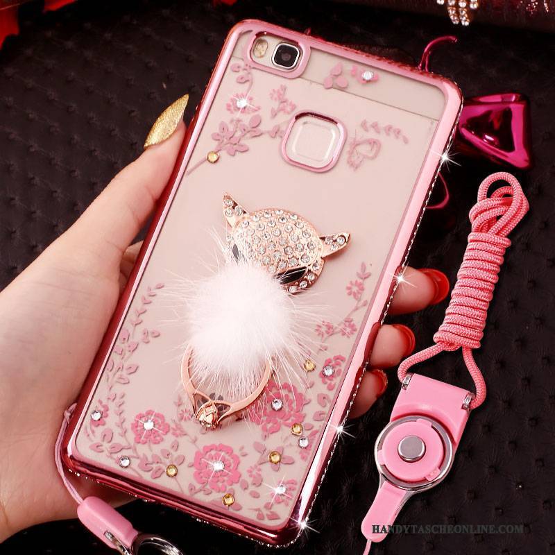 Hülle Huawei P9 Lite Strass Grenze Rosa, Case Huawei P9 Lite Schutz Hängende Verzierungen Jugend