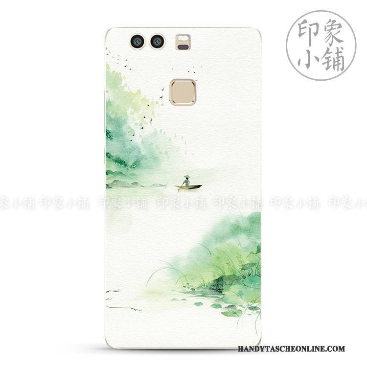 Hülle Huawei P9 Plus Retro Chinesische Art Handbemalte, Case Huawei P9 Plus Weiche Frisch Blau