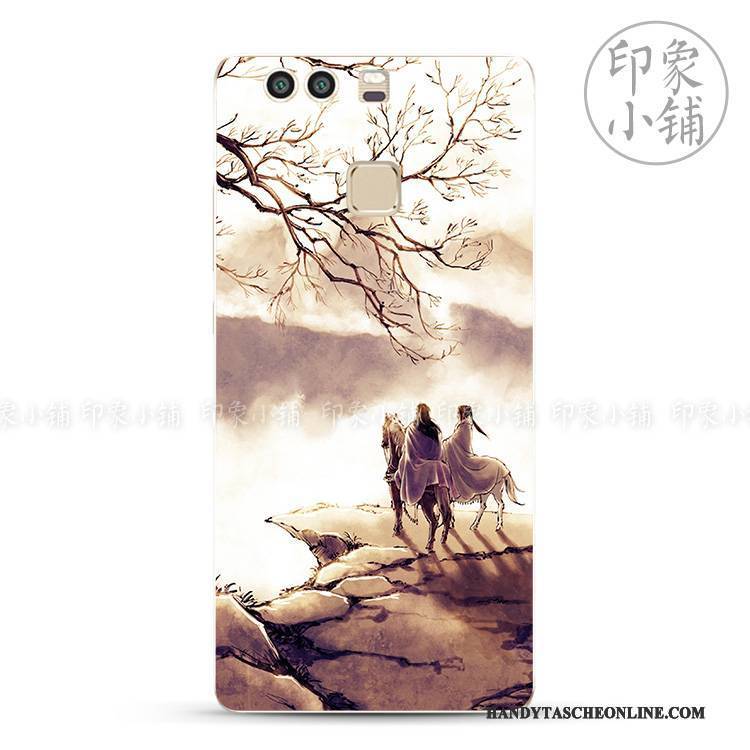 Hülle Huawei P9 Plus Retro Chinesische Art Handbemalte, Case Huawei P9 Plus Weiche Frisch Blau