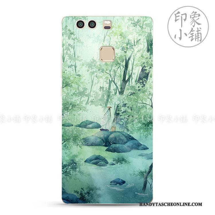 Hülle Huawei P9 Plus Retro Chinesische Art Handbemalte, Case Huawei P9 Plus Weiche Frisch Blau