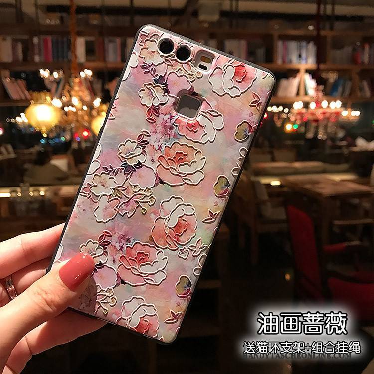 Hülle Huawei P9 Plus Taschen Schwarz Handyhüllen, Case Huawei P9 Plus Weiche Sakura Rot