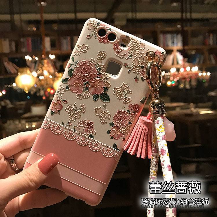 Hülle Huawei P9 Prägung Katzen Pulver, Case Huawei P9 Weiche Nubuck Blumen