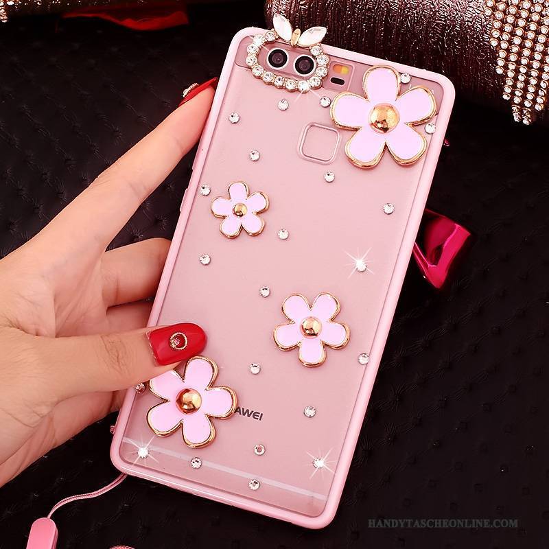 Hülle Huawei P9 Strass Handyhüllen Rosa, Case Huawei P9 Silikon Hängende Verzierungen