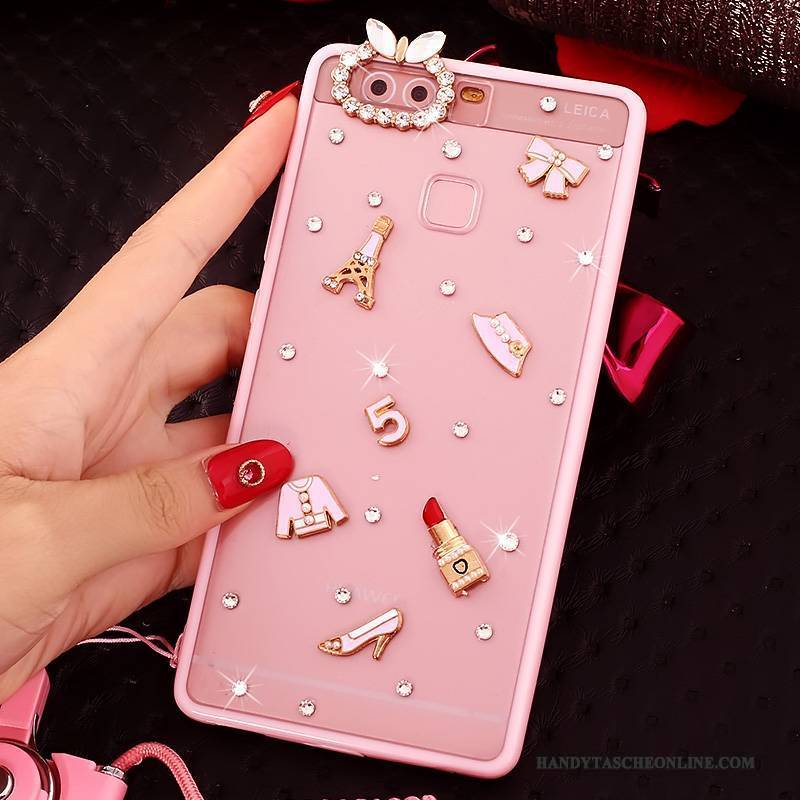 Hülle Huawei P9 Strass Handyhüllen Rosa, Case Huawei P9 Silikon Hängende Verzierungen