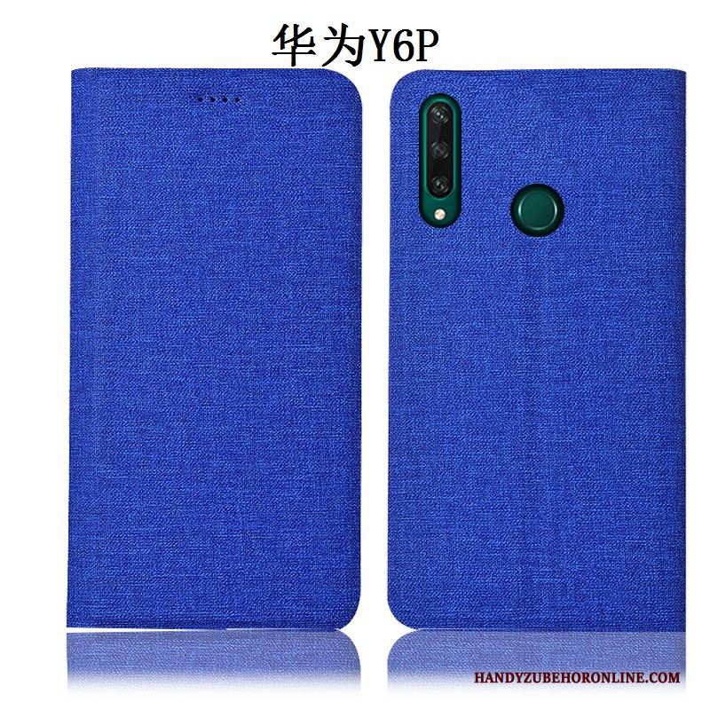 Hülle Huawei Y6p Folio Blau Baumwolle Und Leinen, Case Huawei Y6p Lederhülle Anti-sturz Handyhüllen