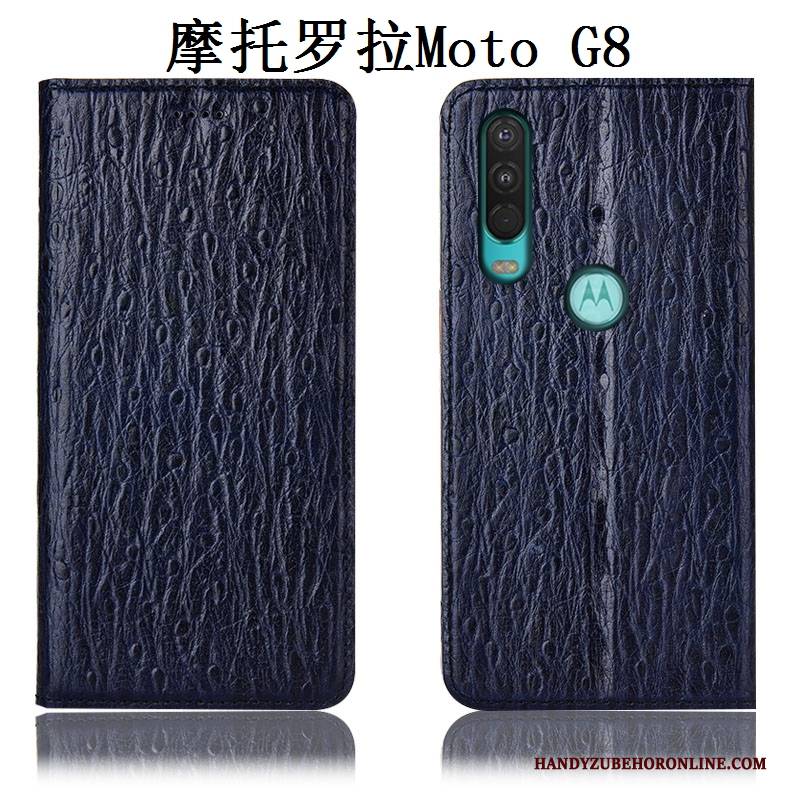 Hülle Moto G8 Leder Dunkelblau Anti-sturz, Case Moto G8 Taschen Handyhüllen Vogel