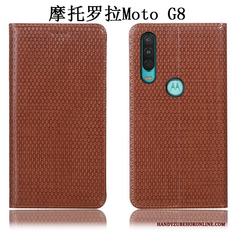 Hülle Moto G8 Leder Handyhüllen Braun, Case Moto G8 Folio