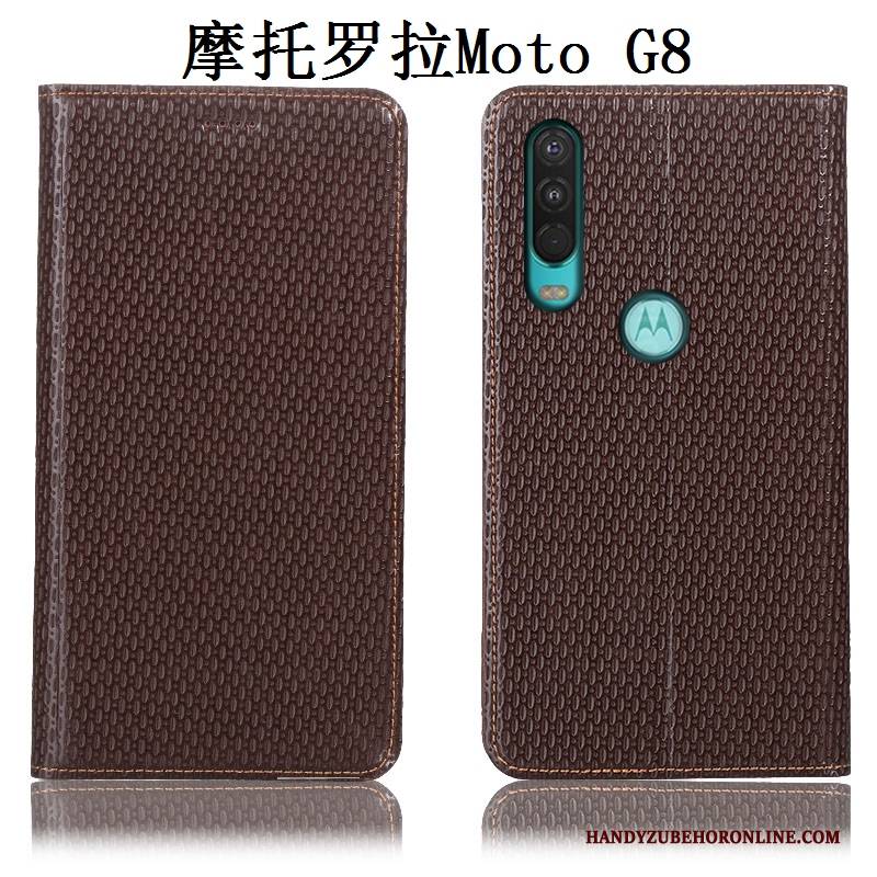 Hülle Moto G8 Leder Handyhüllen Braun, Case Moto G8 Folio