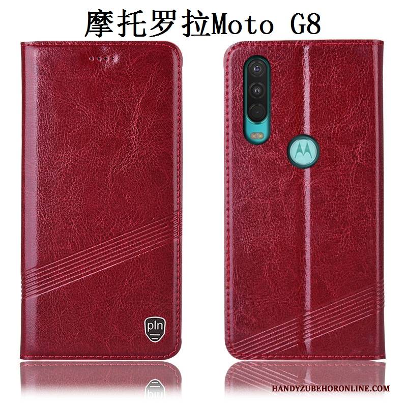 Hülle Moto G8 Leder Handyhüllen Rot, Case Moto G8 Taschen Anti-sturz