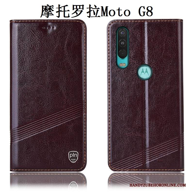 Hülle Moto G8 Leder Handyhüllen Rot, Case Moto G8 Taschen Anti-sturz