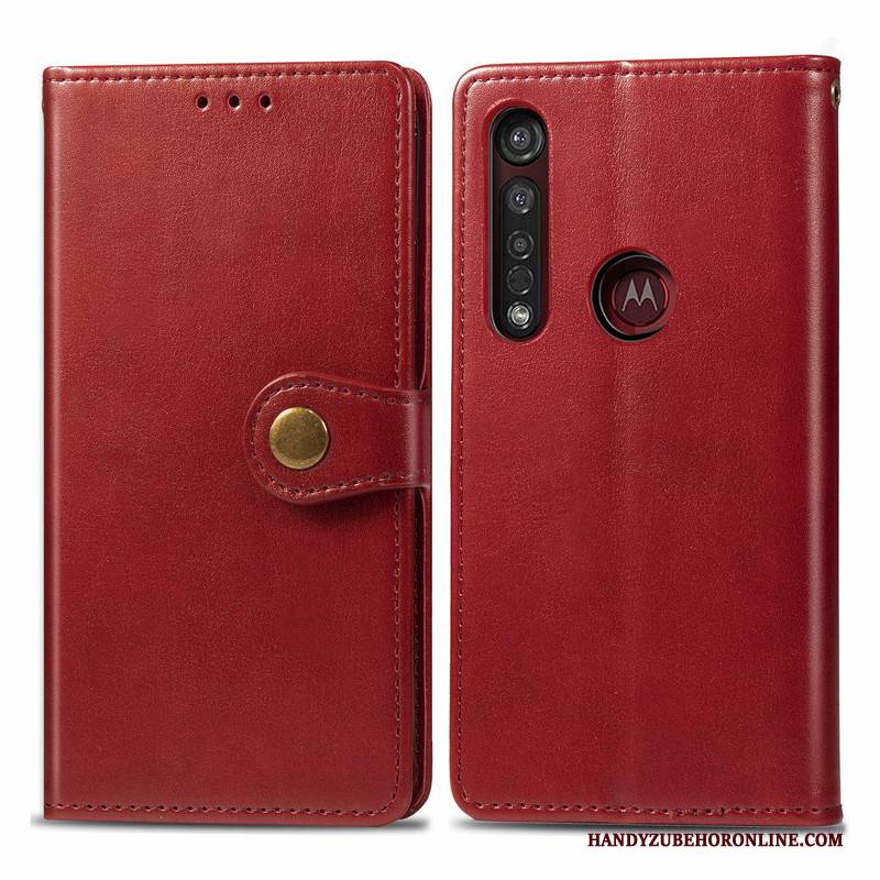 Hülle Moto G8 Plus Lederhülle Handyhüllen Einfarbig, Case Moto G8 Plus Leder Rot Hängende Verzierungen