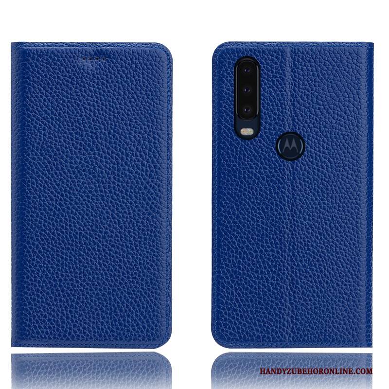 Hülle Motorola One Action Folio Muster Litchi, Case Motorola One Action Leder Anti-sturz Blau