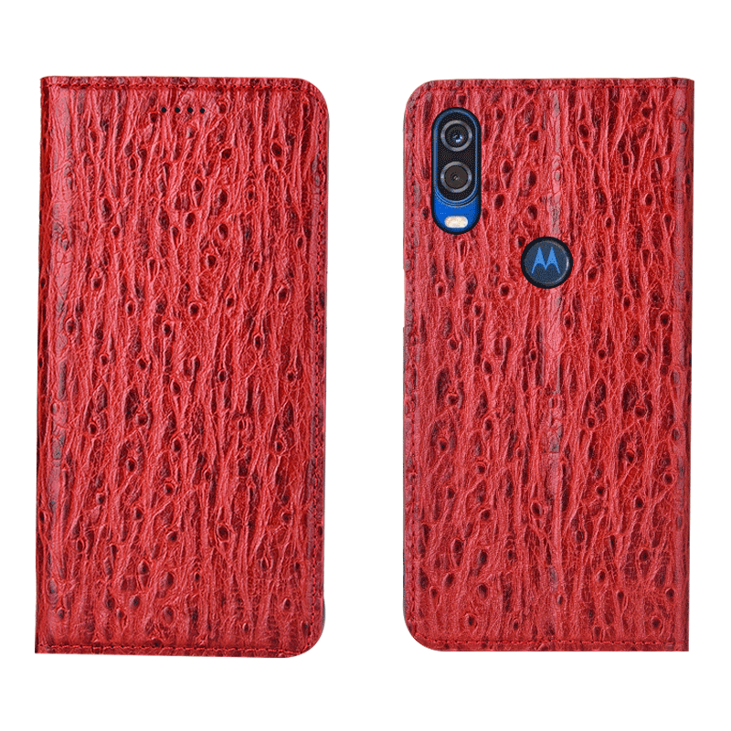 Hülle Motorola One Vision Leder Anti-sturz Vogel, Case Motorola One Vision Schutz Handyhüllen Rot