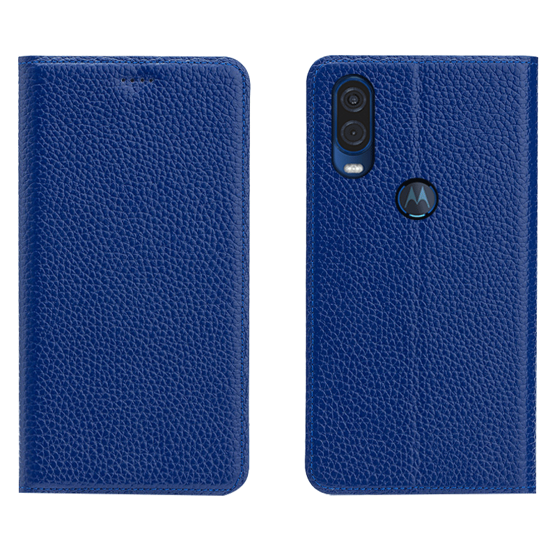 Hülle Motorola One Vision Schutz Litchi Blau, Case Motorola One Vision Taschen Muster Handyhüllen