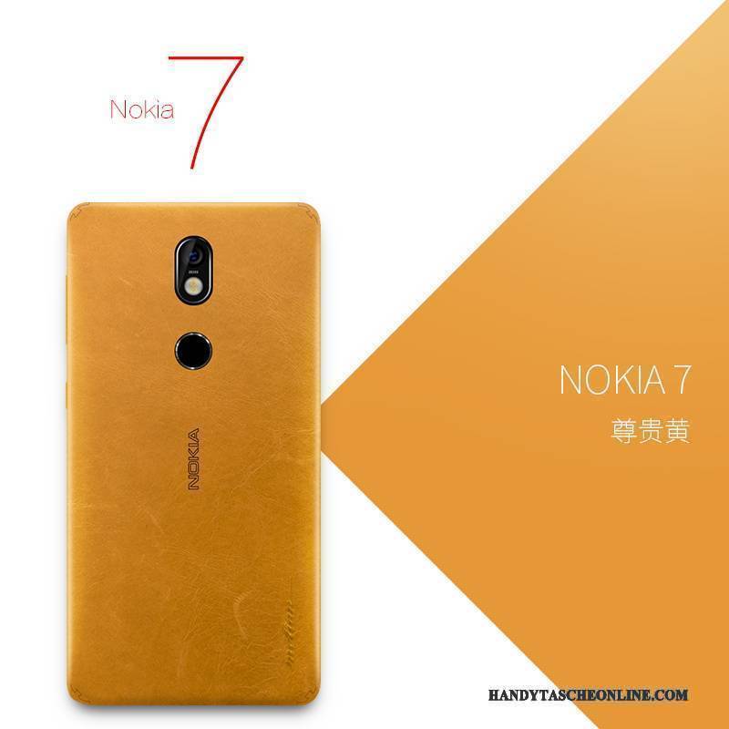 Hülle Nokia 7 Leder Schlank Handyhüllen, Case Nokia 7 Schutz Gelb Orange