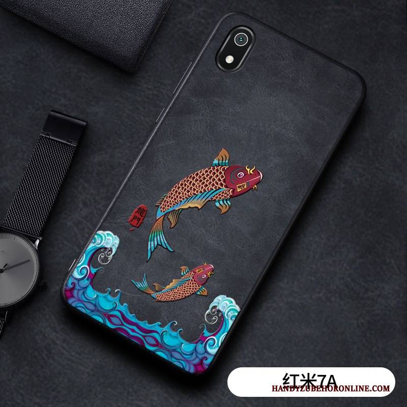 Hülle Redmi 7a Retro Nubuck Chinesische Art, Case Redmi 7a Schutz Business Drachen