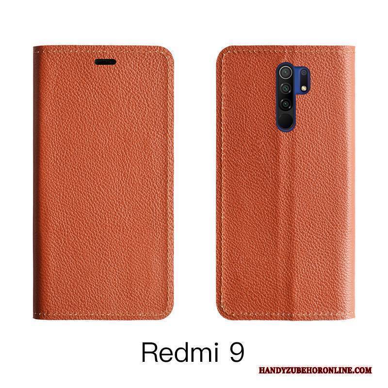 Hülle Redmi 9 Lederhülle Rot Orange, Case Redmi 9 Schutz Kuh Handyhüllen