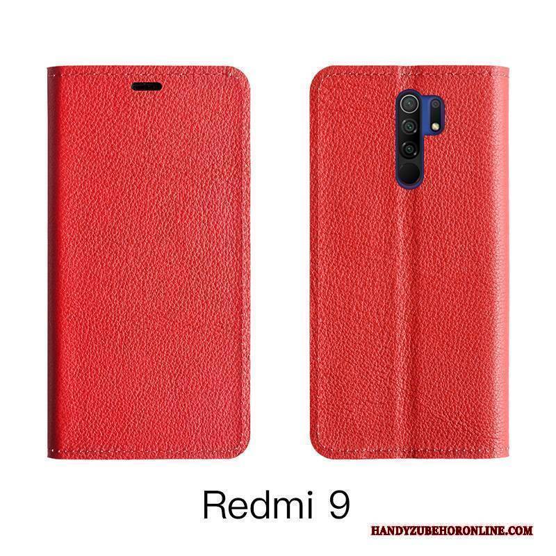 Hülle Redmi 9 Lederhülle Rot Orange, Case Redmi 9 Schutz Kuh Handyhüllen