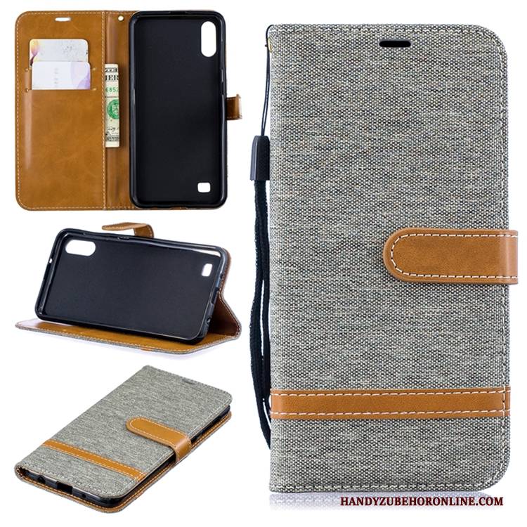 Hülle Samsung Galaxy A10 Lederhülle Grau Persönlichkeit, Case Samsung Galaxy A10 Weiche Handyhüllen Denim