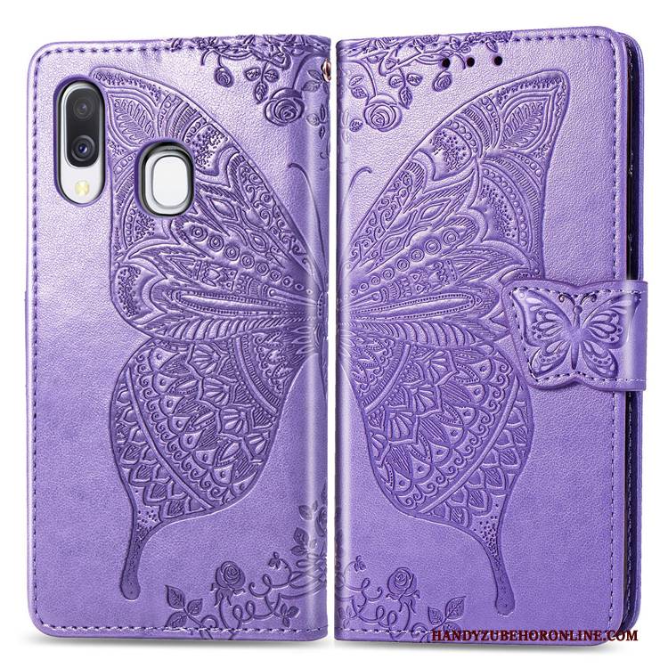 Hülle Samsung Galaxy A40 Schutz Lila Handyhüllen, Case Samsung Galaxy A40 Prägung Hängende Verzierungen Blumen