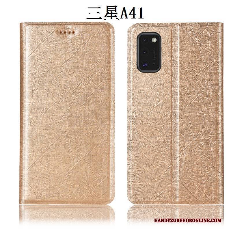 Hülle Samsung Galaxy A41 Schutz Seide Muster, Case Samsung Galaxy A41 Lederhülle Handyhüllen Gold