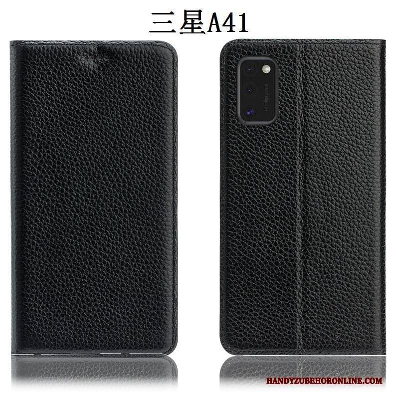 Hülle Samsung Galaxy A41 Taschen Anti-sturz Schwarz, Case Samsung Galaxy A41 Lederhülle Handyhüllen Litchi