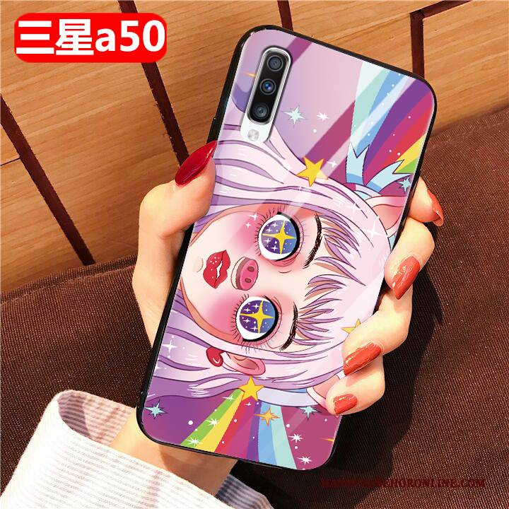 Hülle Samsung Galaxy A50 Karikatur Gelb Glas, Case Samsung Galaxy A50 Weiche Handyhüllen Anti-sturz